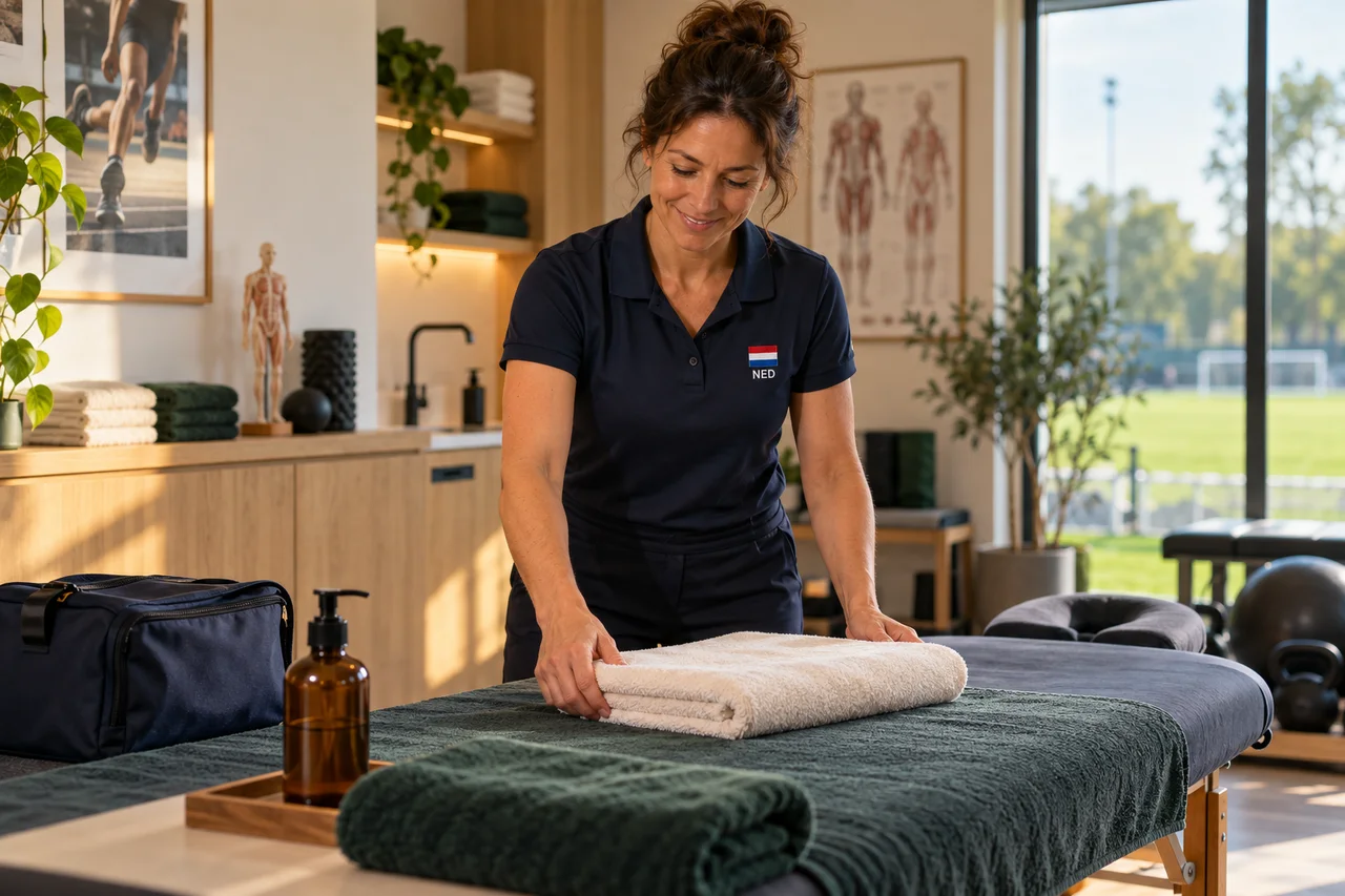Illustratieve sportmassagepraktijk: een professional legt schoon textiel klaar op een behandelbank